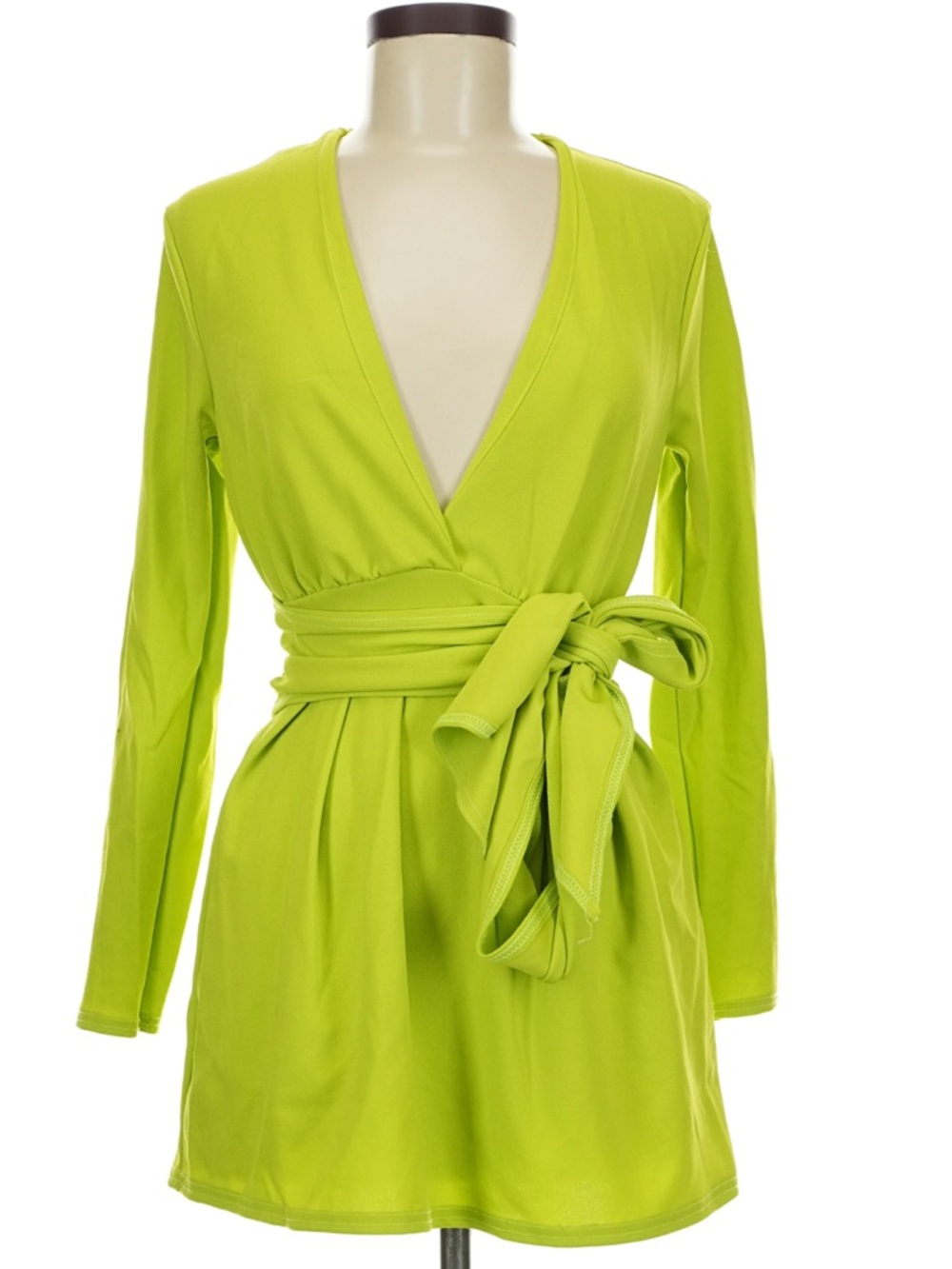 Stunning Boohoo Neon Green Wrap Mini Dress Long Sleeve Tie Waist Plunge V Neck